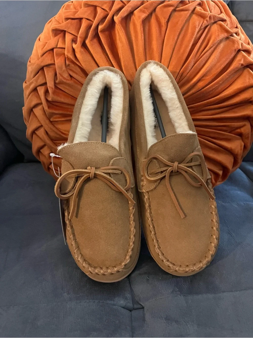 Lands' End Chestnut Brown Suede Shearling-Lined Moccasin Slippers